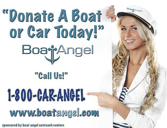 Boat Angel Spokesmodel Pointing to Sign with Boat Angel Phone Number and Plea to Donate.