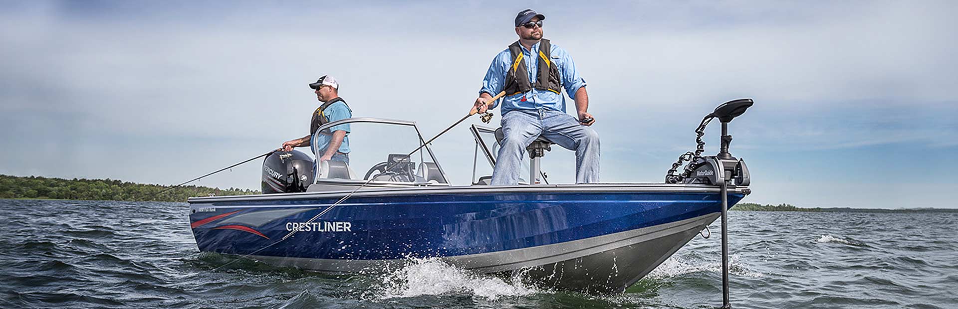 Crestliner Bass Boat on the lake with two fishermen waiting for a bite.